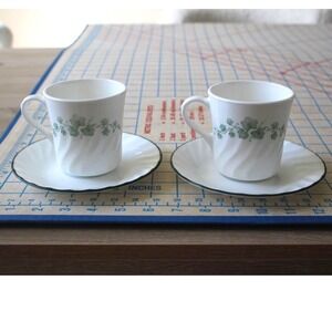 Corelle English Ivy Tea Cup and Saucer Set of 2 Swirl White Green Made in USA
